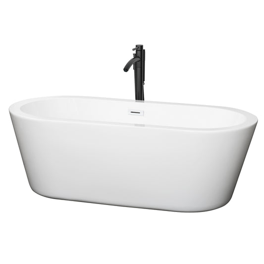 Mermaid 67" Freestanding Bathtub in White, Shiny White Trim, Faucet in Black