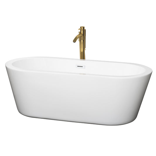 Mermaid 67" Freestanding Bathtub in White, White Trim, Faucet in Brushed Gold