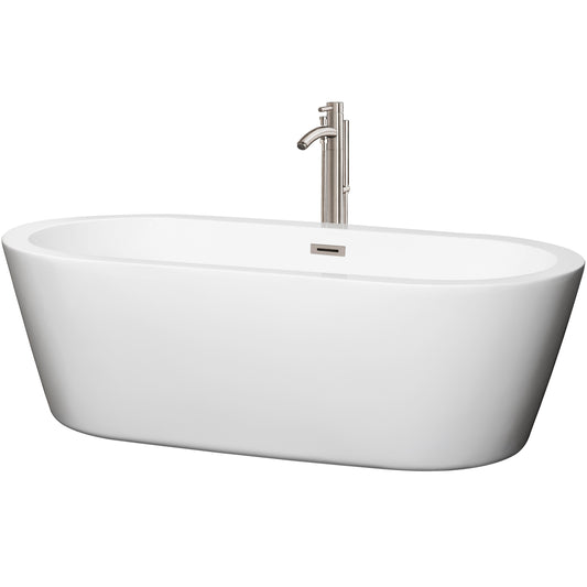 Mermaid 71" Freestanding Bathtub in White, Faucet, Overflow Trim in Nickel