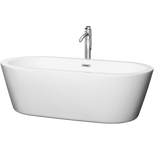 Mermaid 71" Freestanding Bathtub in White, Faucet, Overflow Trim in Chrome