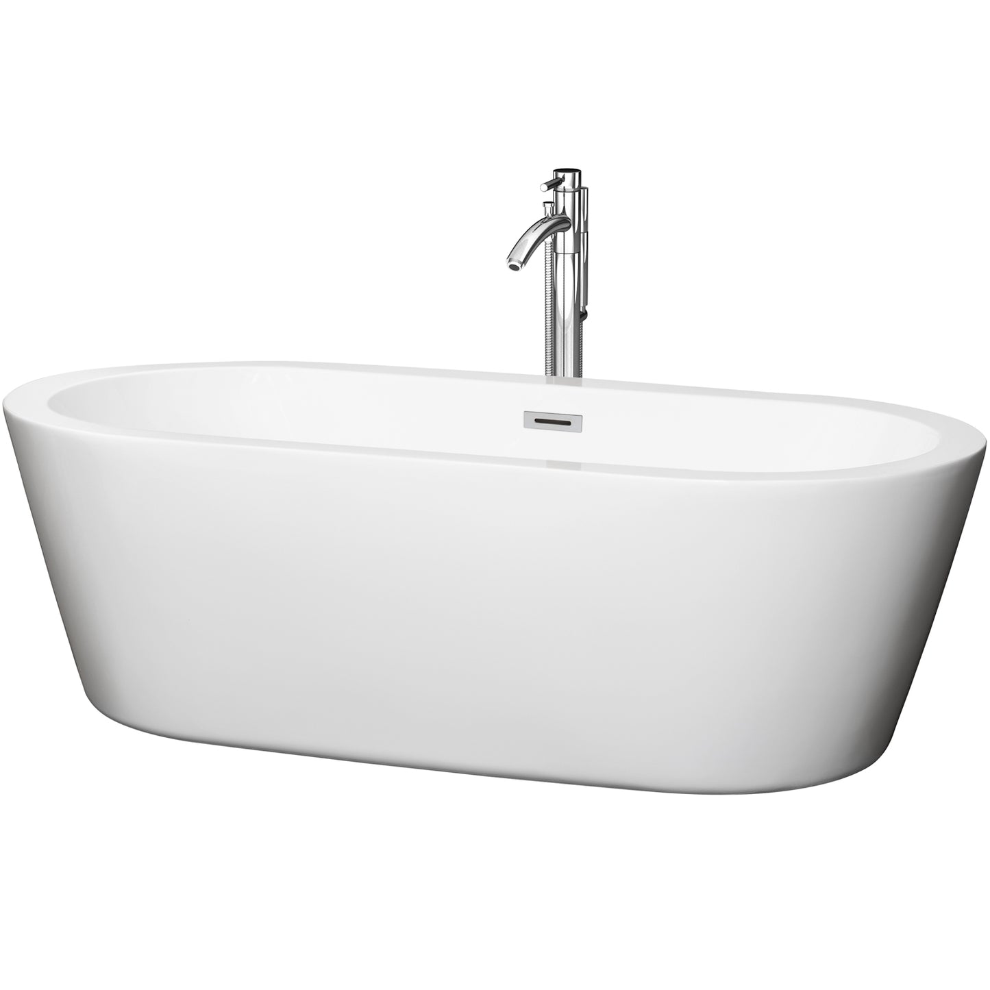 Mermaid 71 inch Freestanding Bathtub in White with Floor Mounted Faucet, Drain and Overflow Trim in Polished Chrome