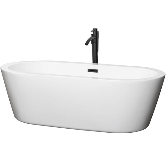 Mermaid 71" Freestanding Bathtub in White, Overflow Trim in Matte Black