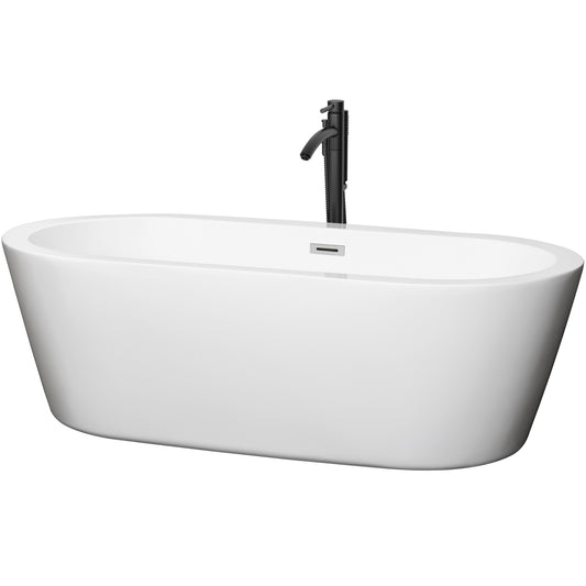 Mermaid 71" Freestanding Bathtub in White, Polished Chrome Trim, Faucet in Black