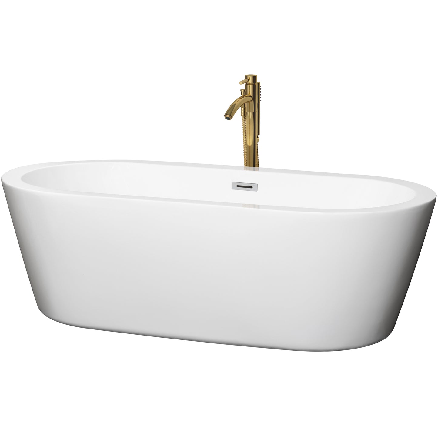 Mermaid 71" Freestanding Bathtub in White, Chrome Trim, Faucet in Brushed Gold