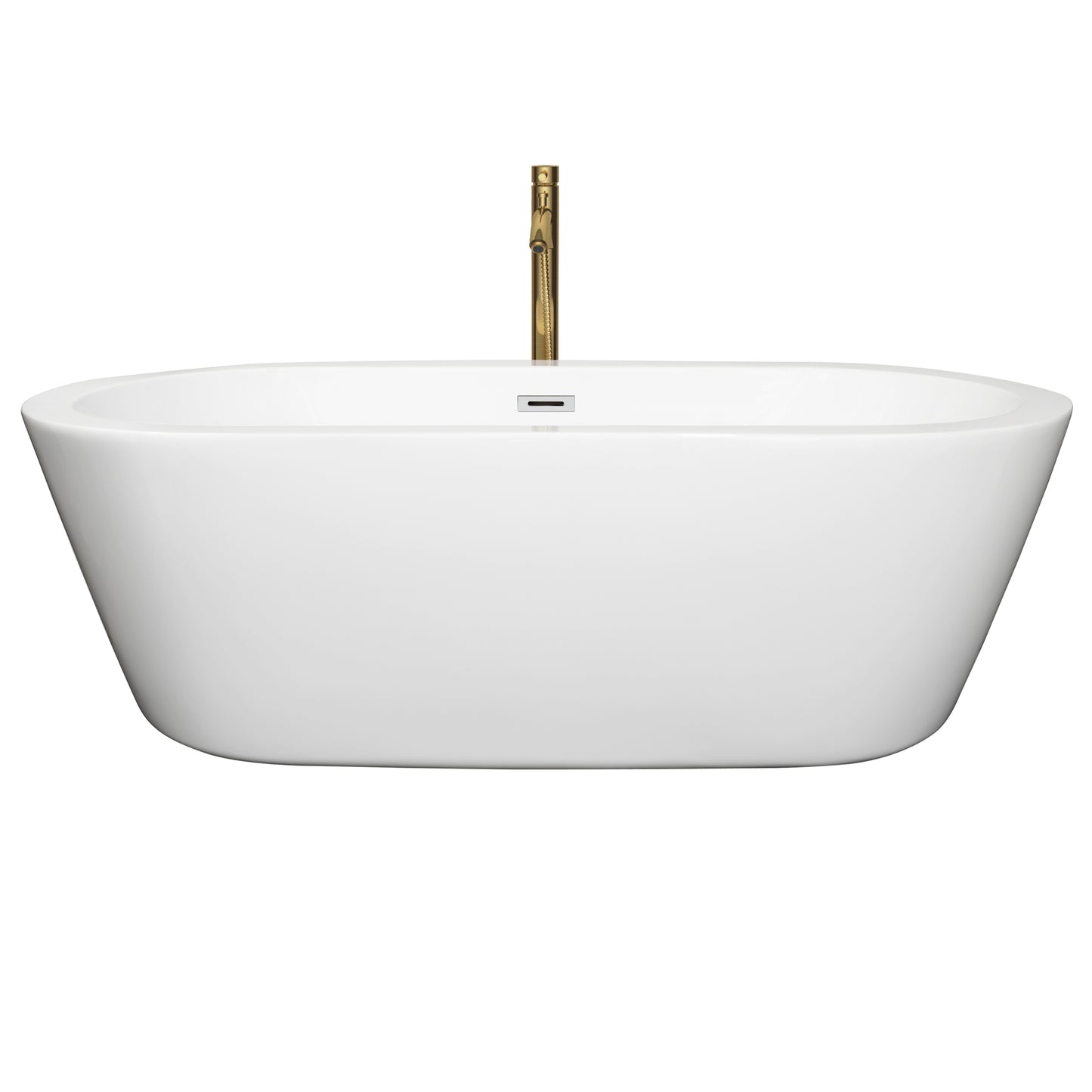 Mermaid 71" Freestanding Bathtub in White, Chrome Trim, Faucet in Brushed Gold