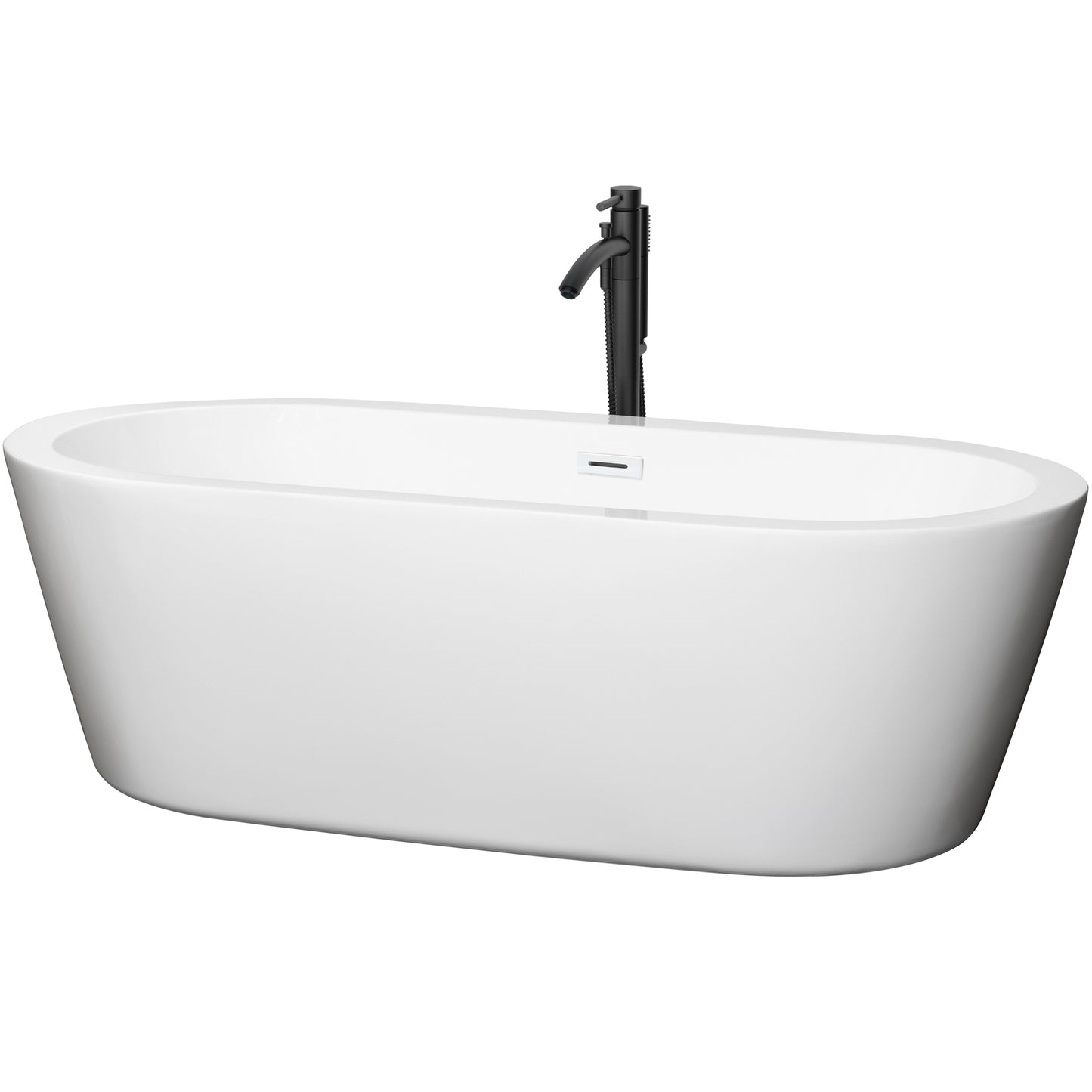 Mermaid 71" Freestanding Bathtub in White, Shiny White Trim, Faucet in Black