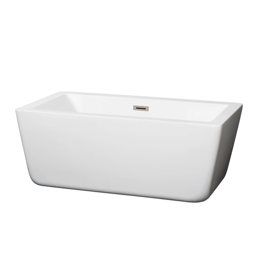 Laura 59" Freestanding Bathtub in White, Brushed Nickel Drain, Overflow Trim