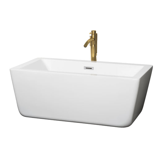 Laura 59" Freestanding Bathtub in White, Chrome Trim, Faucet in Brushed Gold