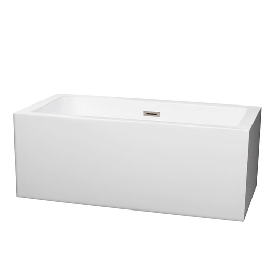 Melody 60 inch Freestanding Bathtub in White with Brushed Nickel Drain and Overflow Trim