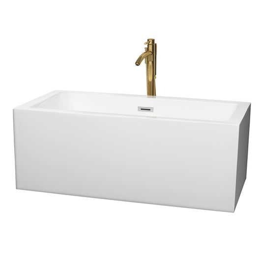 Melody 60" Freestanding Bathtub in White, Chrome Trim, Faucet in Brushed Gold