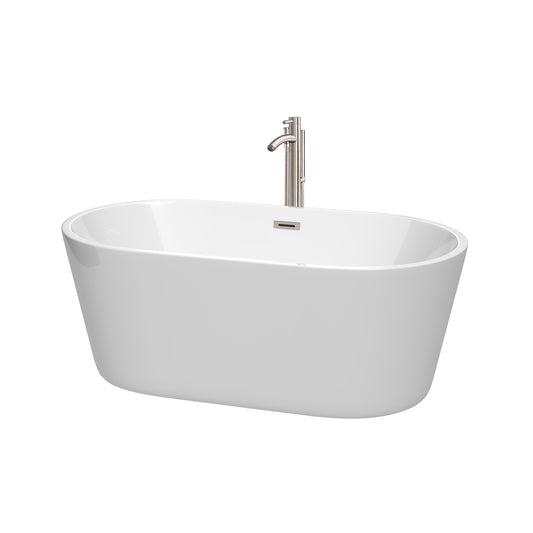 Carissa 60" Freestanding Bathtub in White, Overflow Trim in Brushed Nickel