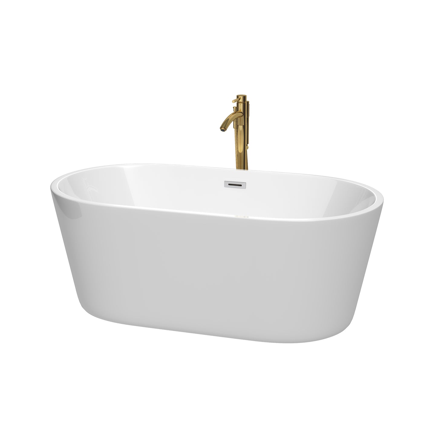 Carissa 60" Freestanding Bathtub in White, Chrome Trim, Faucet in Brushed Gold