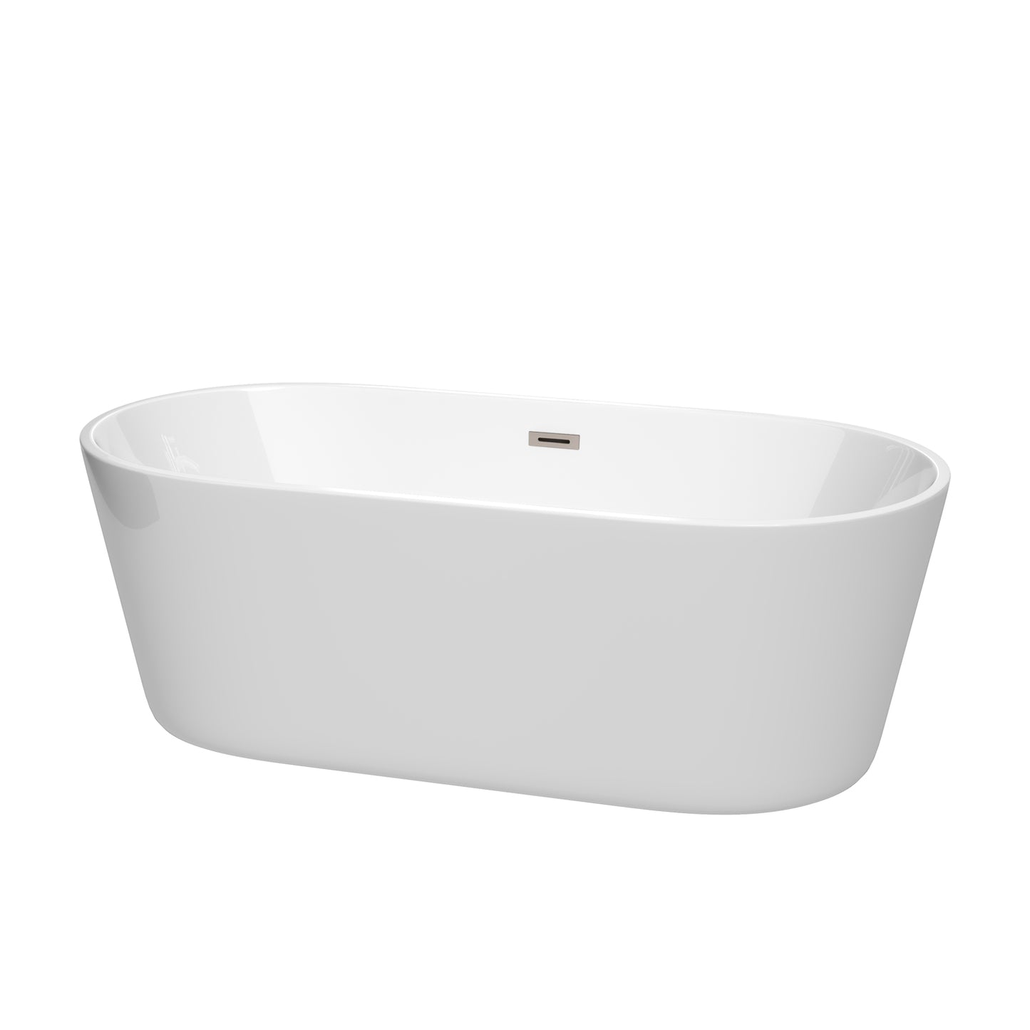 Carissa 67" Freestanding Bathtub in White, Brushed Nickel Drain, Overflow Trim