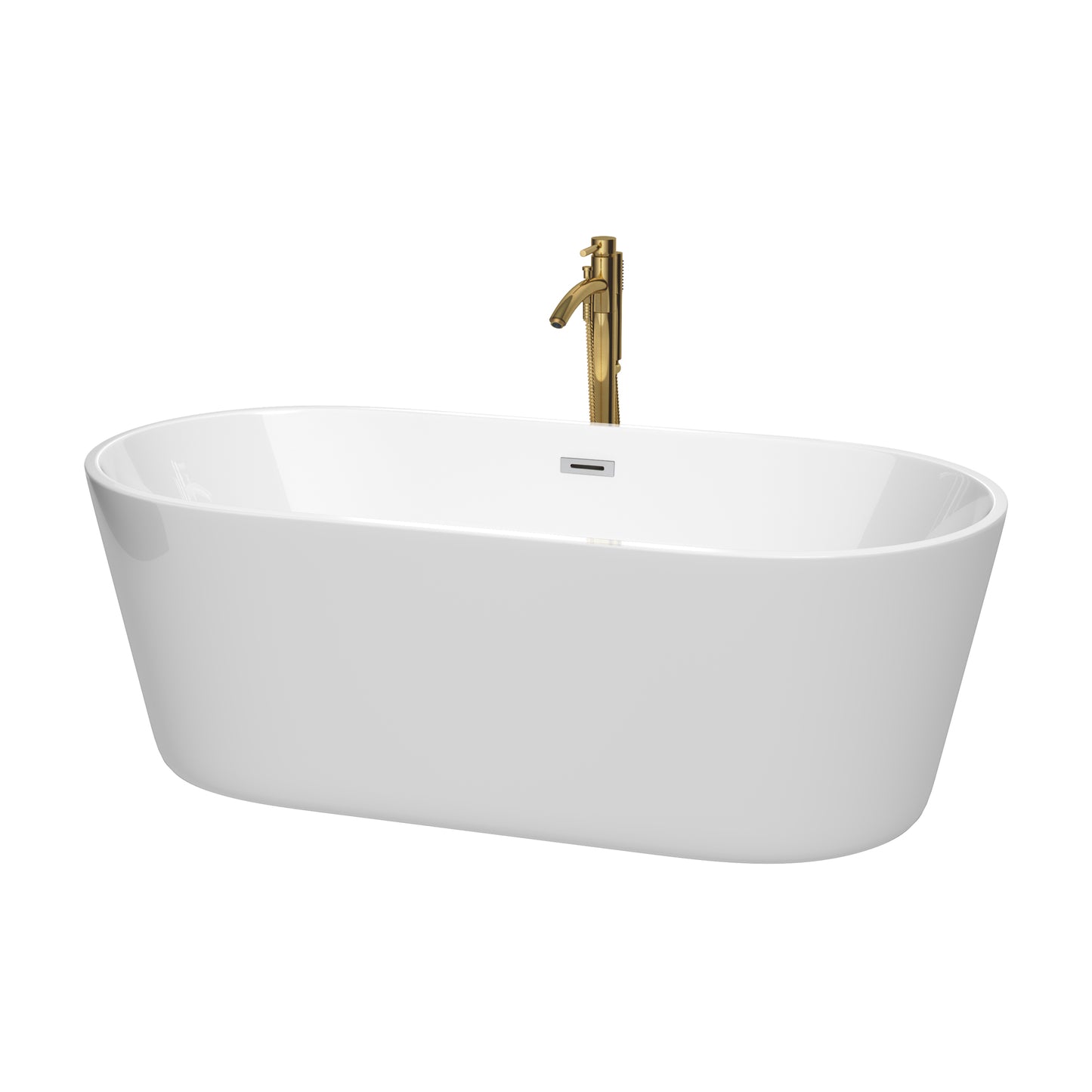 Carissa 67" Freestanding Bathtub in White, Chrome Trim, Faucet in Brushed Gold