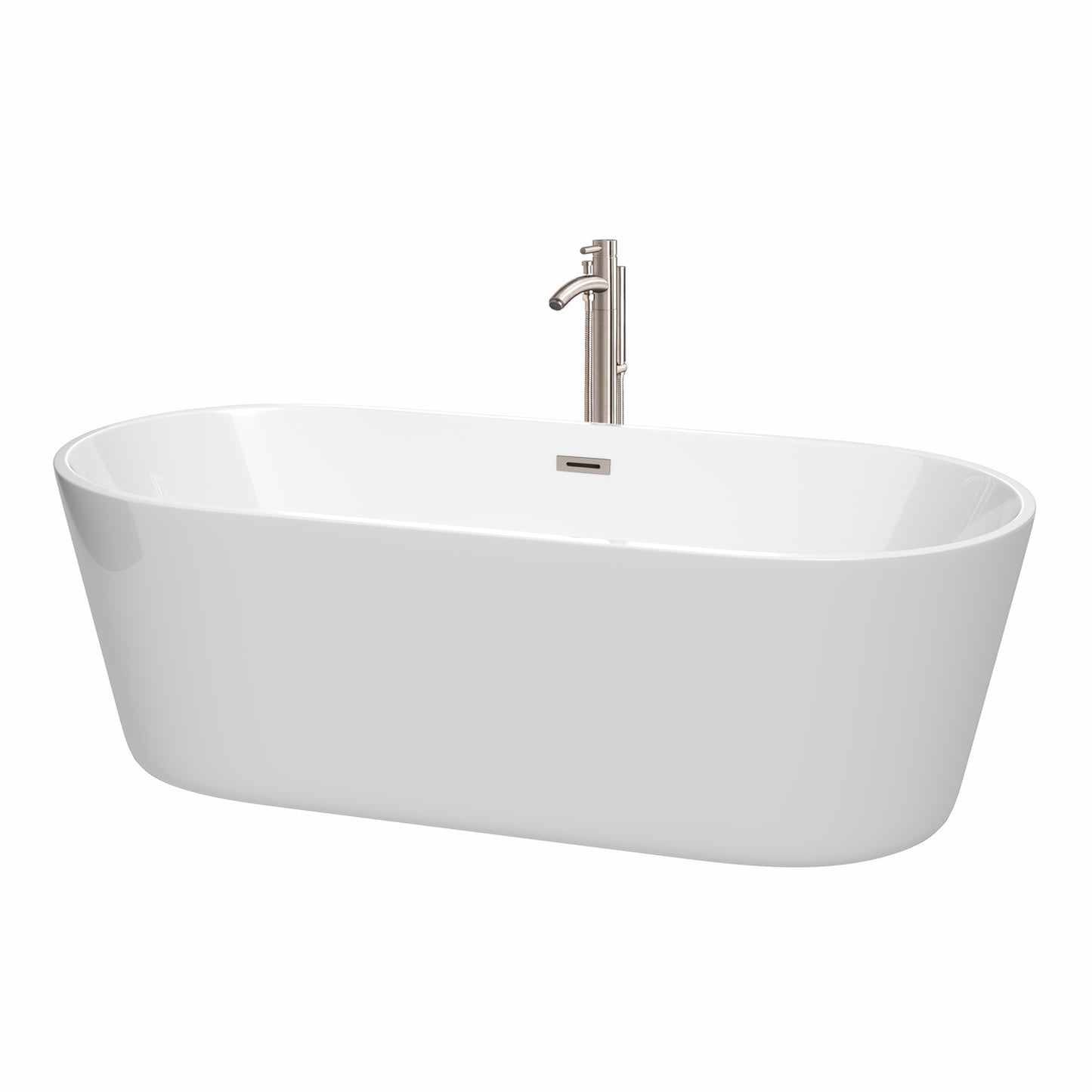 Carissa 71" Freestanding Bathtub in White, Overflow Trim in Brushed Nickel