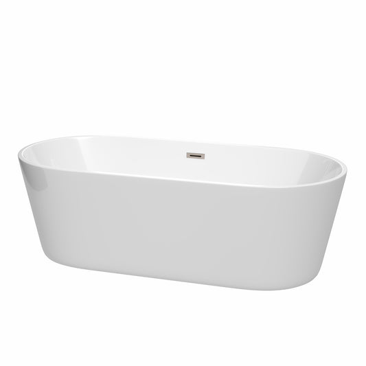 Carissa 71" Freestanding Bathtub in White, Brushed Nickel Drain, Overflow Trim