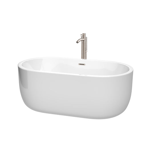 Juliette 60 inch Freestanding Bathtub in White with Floor Mounted Faucet, Drain and Overflow Trim in Brushed Nickel