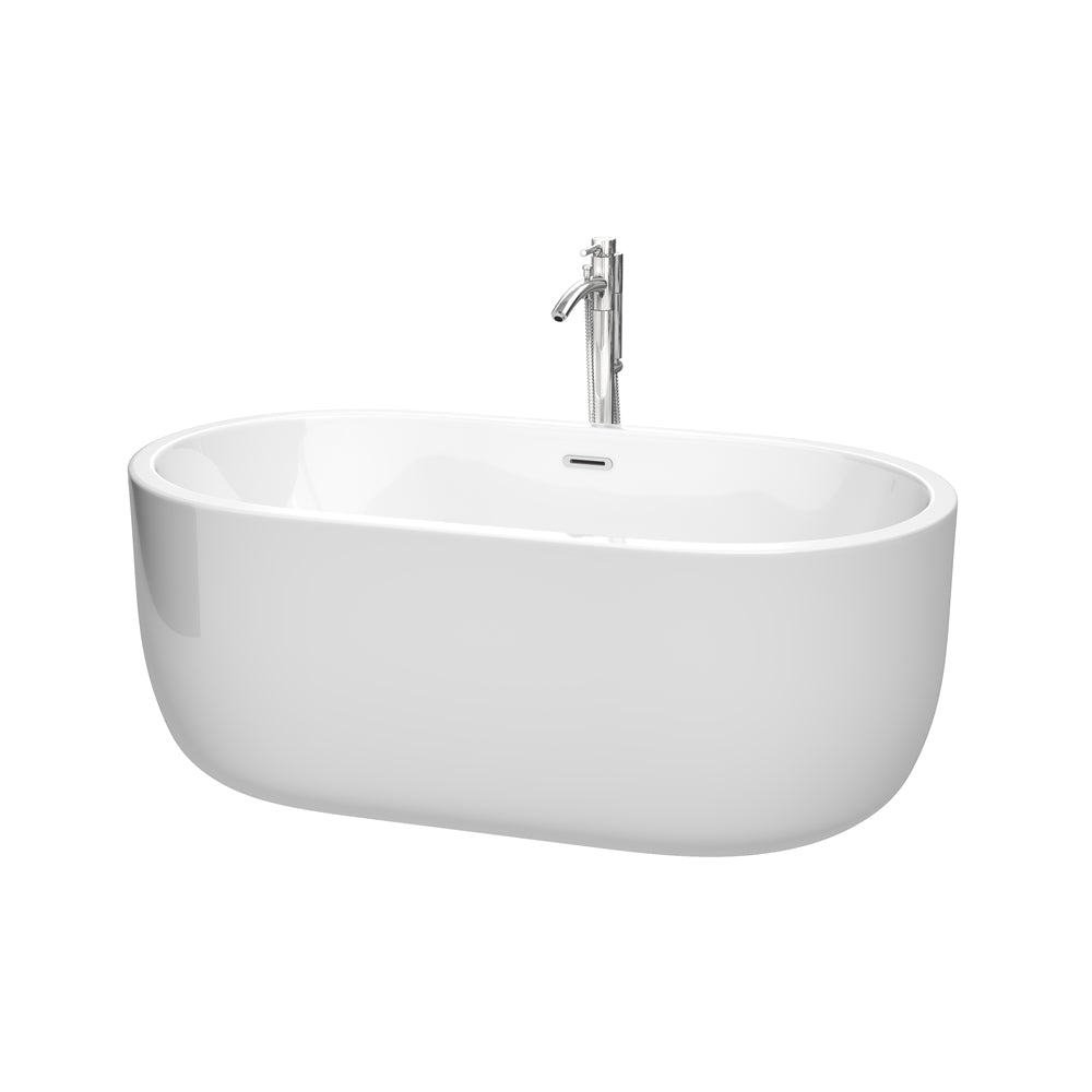 Juliette 60 inch Freestanding Bathtub in White with Floor Mounted Faucet, Drain and Overflow Trim in Polished Chrome