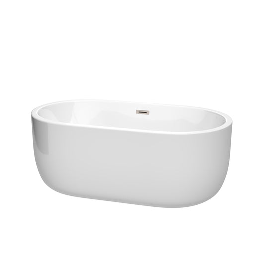 Juliette 60" Freestanding Bathtub in White, Brushed Nickel Drain, Overflow Trim