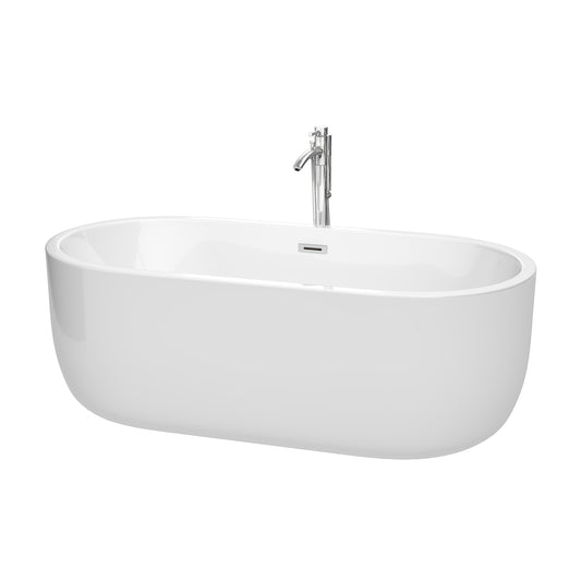 Juliette 67 inch Freestanding Bathtub in White with Floor Mounted Faucet, Drain and Overflow Trim in Polished Chrome