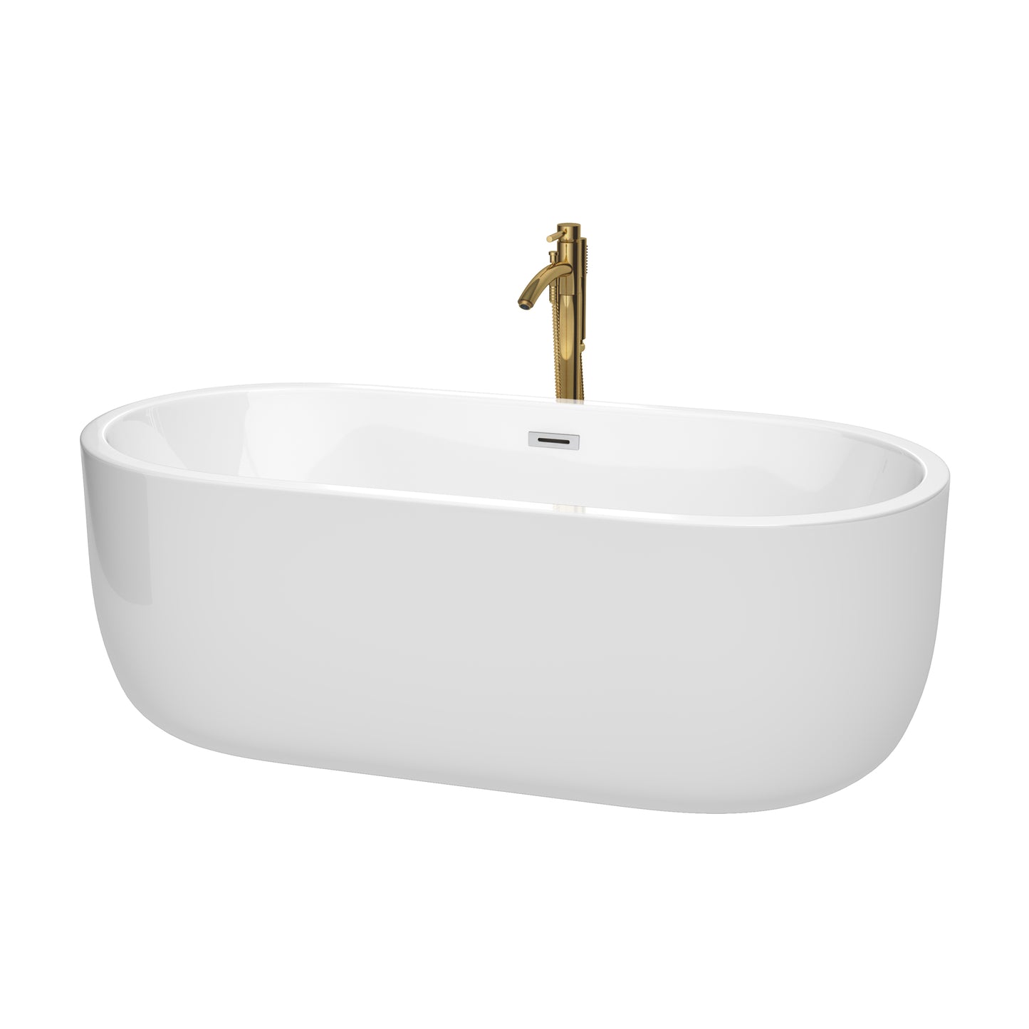 Juliette 67" Freestanding Bathtub in White, Chrome Trim, Faucet in Brushed Gold