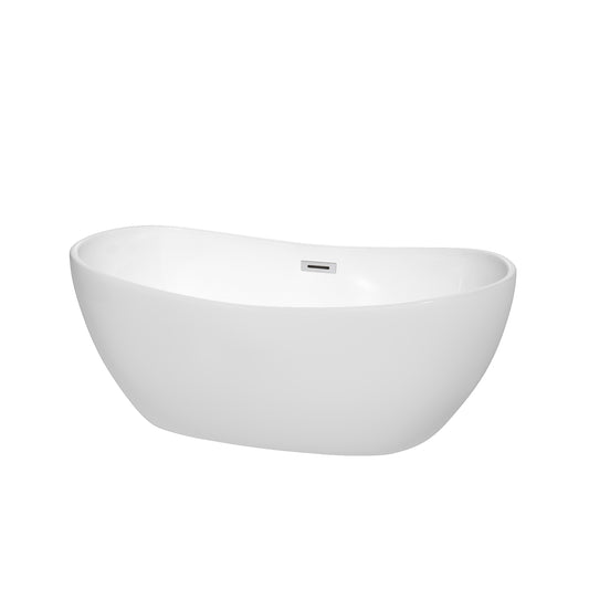 Rebecca 60" Freestanding Bathtub in White, Polished Chrome Drain, Overflow Trim