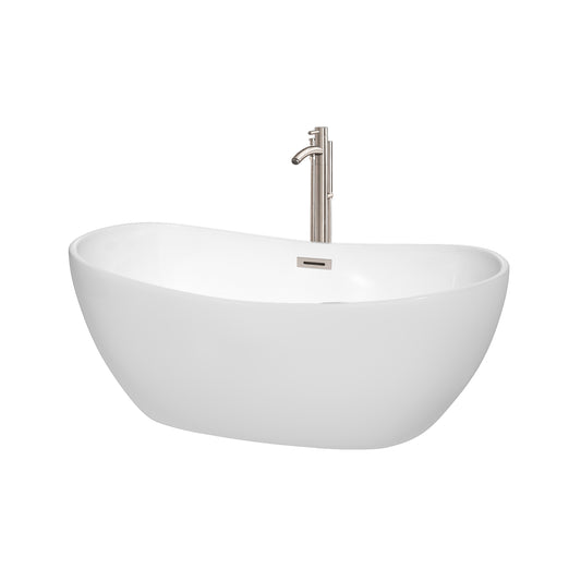 Rebecca 60" Freestanding Bathtub in White, Overflow Trim in Brushed Nickel