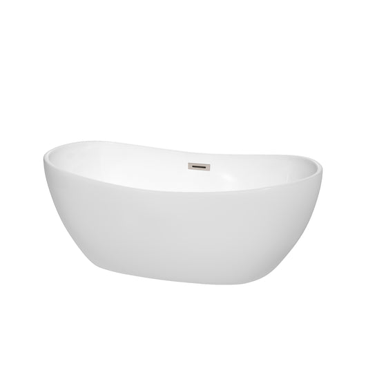 Rebecca 60" Freestanding Bathtub in White, Brushed Nickel Drain, Overflow Trim