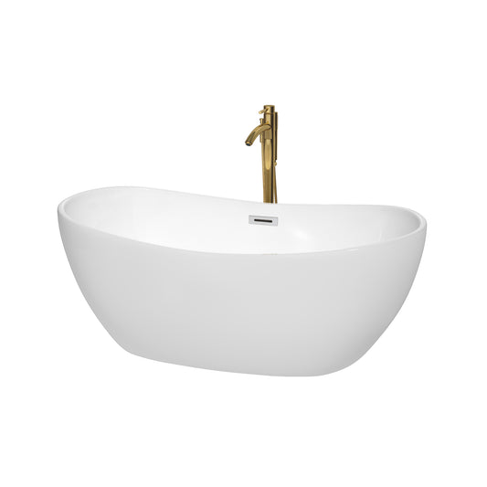 Rebecca 60" Freestanding Bathtub in White, Chrome Trim, Faucet in Brushed Gold