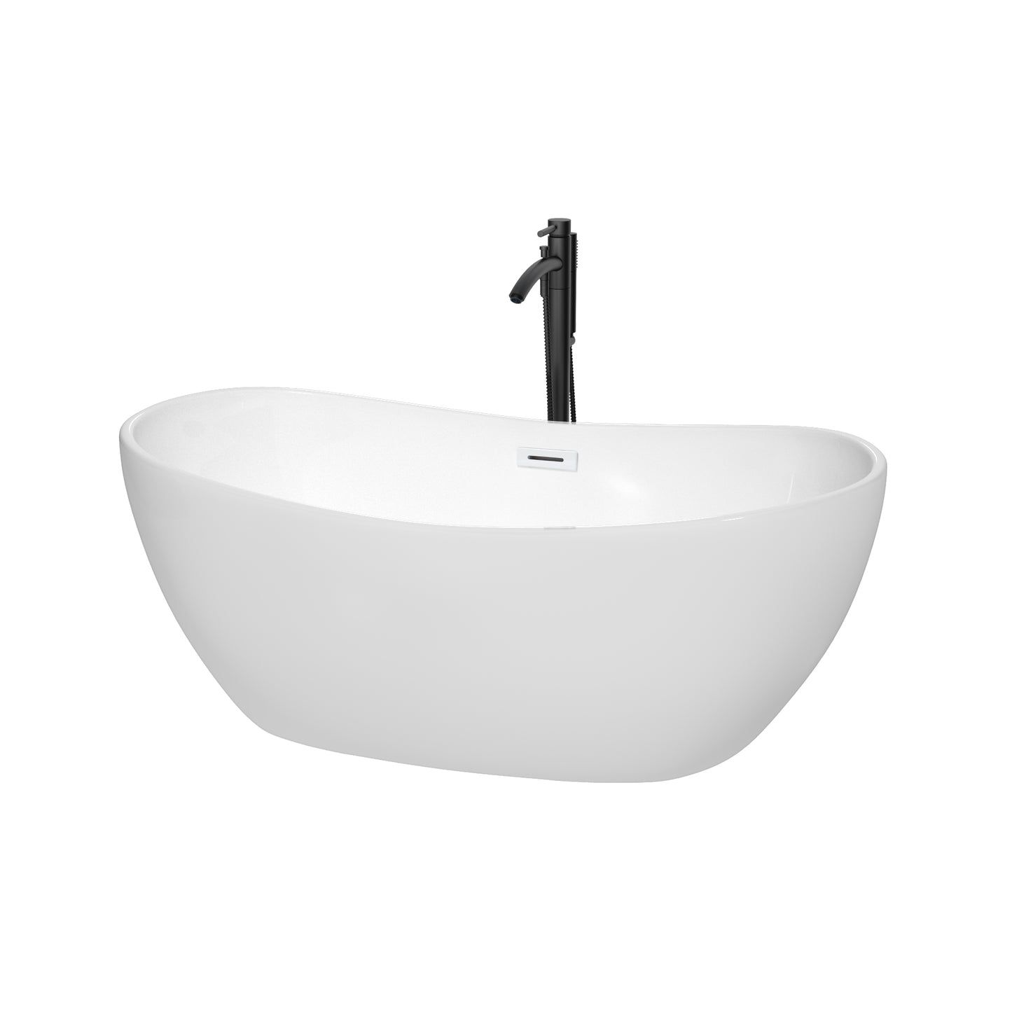 Rebecca 60" Freestanding Bathtub in White, Shiny White Trim, Faucet in Black