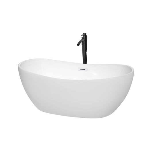 Rebecca 60" Freestanding Bathtub in White, Shiny White Trim, Faucet in Black