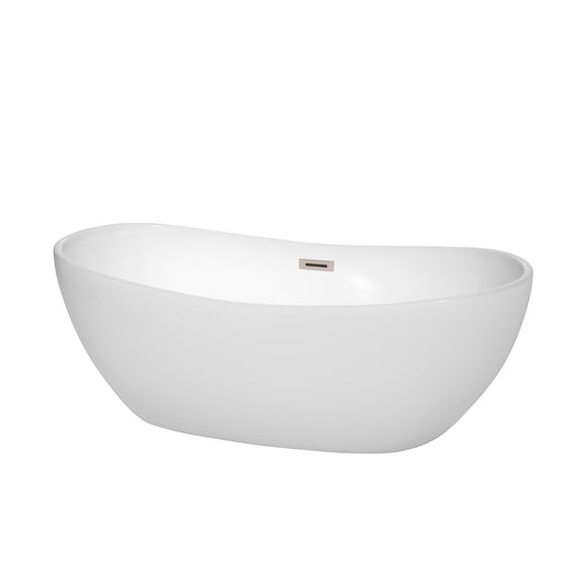 Rebecca 65" Freestanding Bathtub in White, Brushed Nickel Drain, Overflow Trim