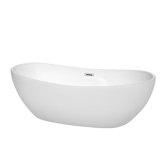 Rebecca 70" Freestanding Bathtub in White, Polished Chrome Drain, Overflow Trim