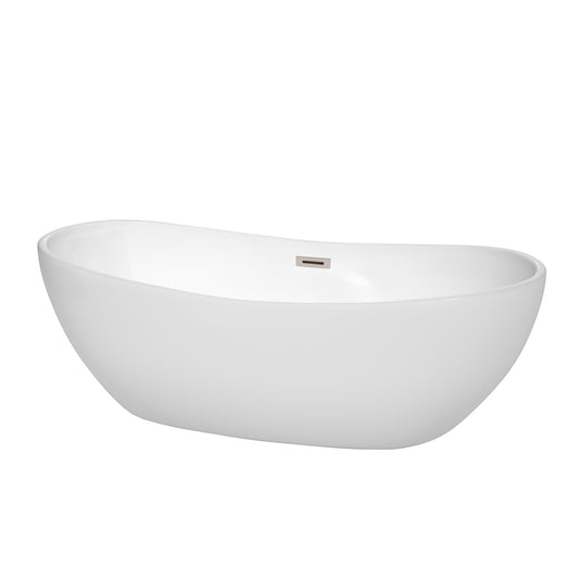 Rebecca 70 inch Freestanding Bathtub in White with Brushed Nickel Drain and Overflow Trim