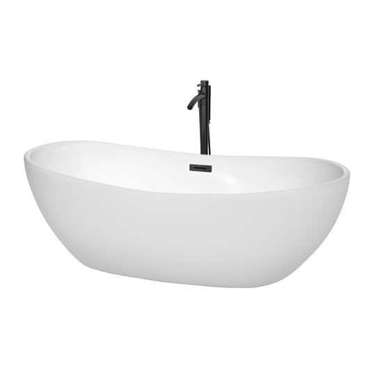 Rebecca 70" Freestanding Bathtub in White, Overflow Trim in Matte Black