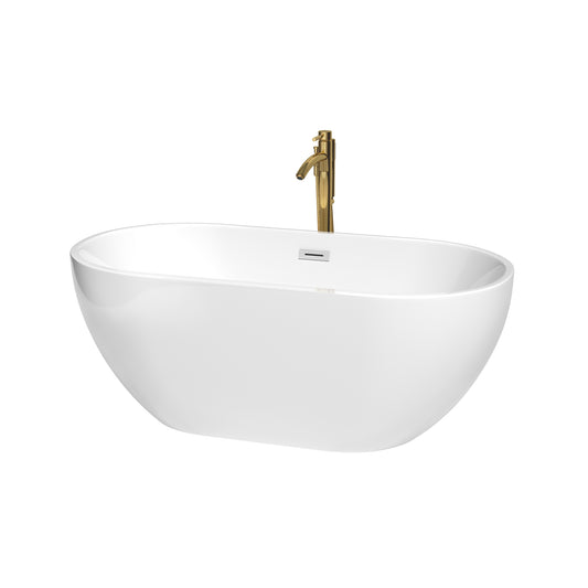 Brooklyn 60" Freestanding Bathtub in White, Chrome Trim, Faucet in Brushed Gold