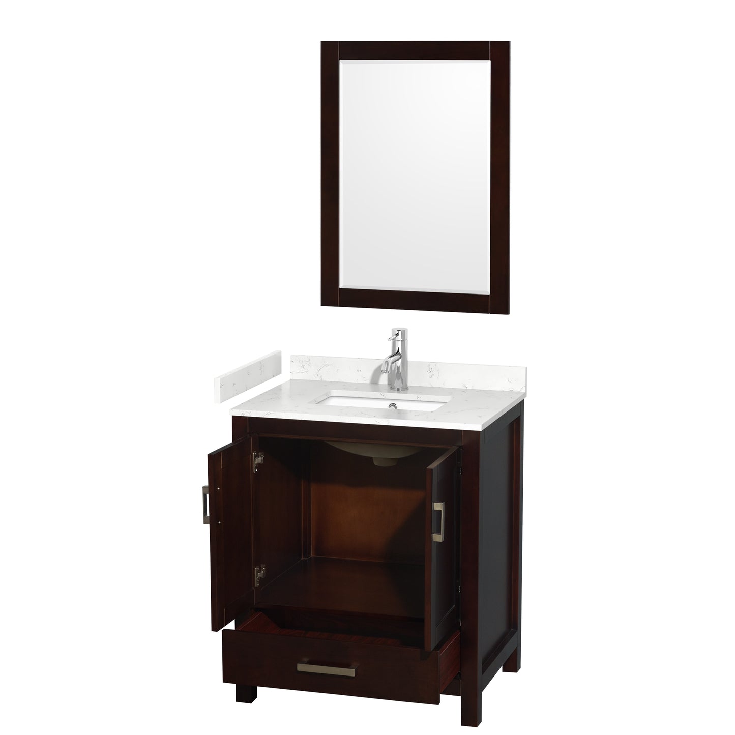 Sheffield 30" Single Vanity in Espresso, Carrara Marble Top, Square 24" Mirror