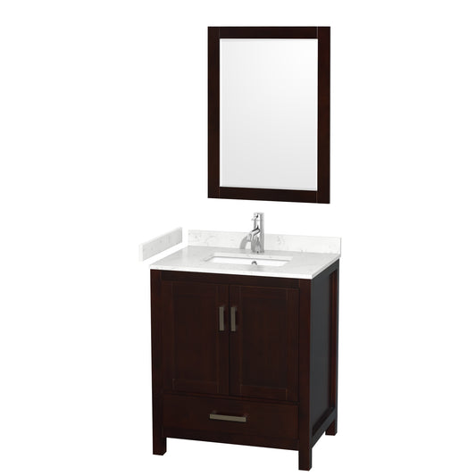 Sheffield 30" Single Vanity in Espresso, Carrara Marble Top, Square 24" Mirror