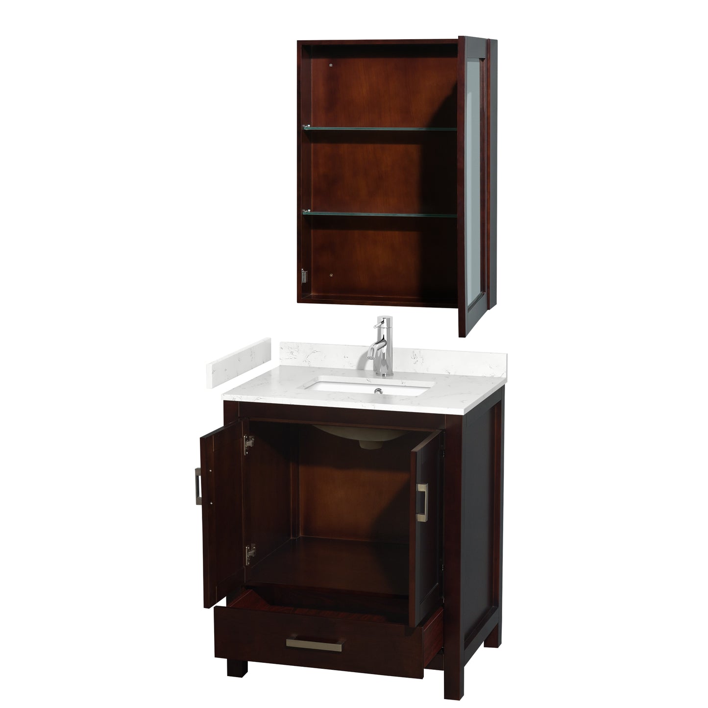 Sheffield 30" Single Vanity in Espresso, Carrara Marble Top, Medicine Cabinet