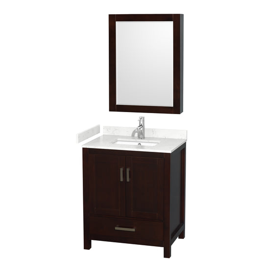 Sheffield 30" Single Vanity in Espresso, Carrara Marble Top, Medicine Cabinet