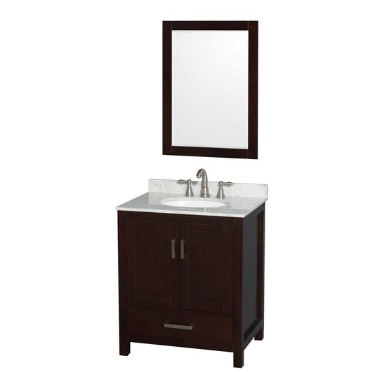 Sheffield 30 inch Single Bathroom Vanity in Espresso, White Carrara Marble Countertop, Undermount Oval Sink, and 24 inch Mirror