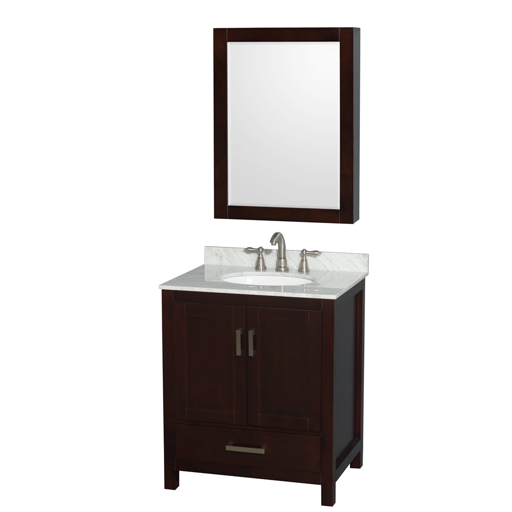 Sheffield 30 inch Single Bathroom Vanity in Espresso, White Carrara Marble Countertop, Undermount Oval Sink, and Medicine Cabinet