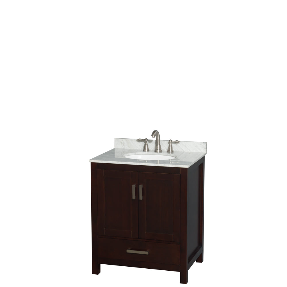 Sheffield 30 inch Single Bathroom Vanity in Espresso, White Carrara Marble Countertop, Undermount Oval Sink, and No Mirror