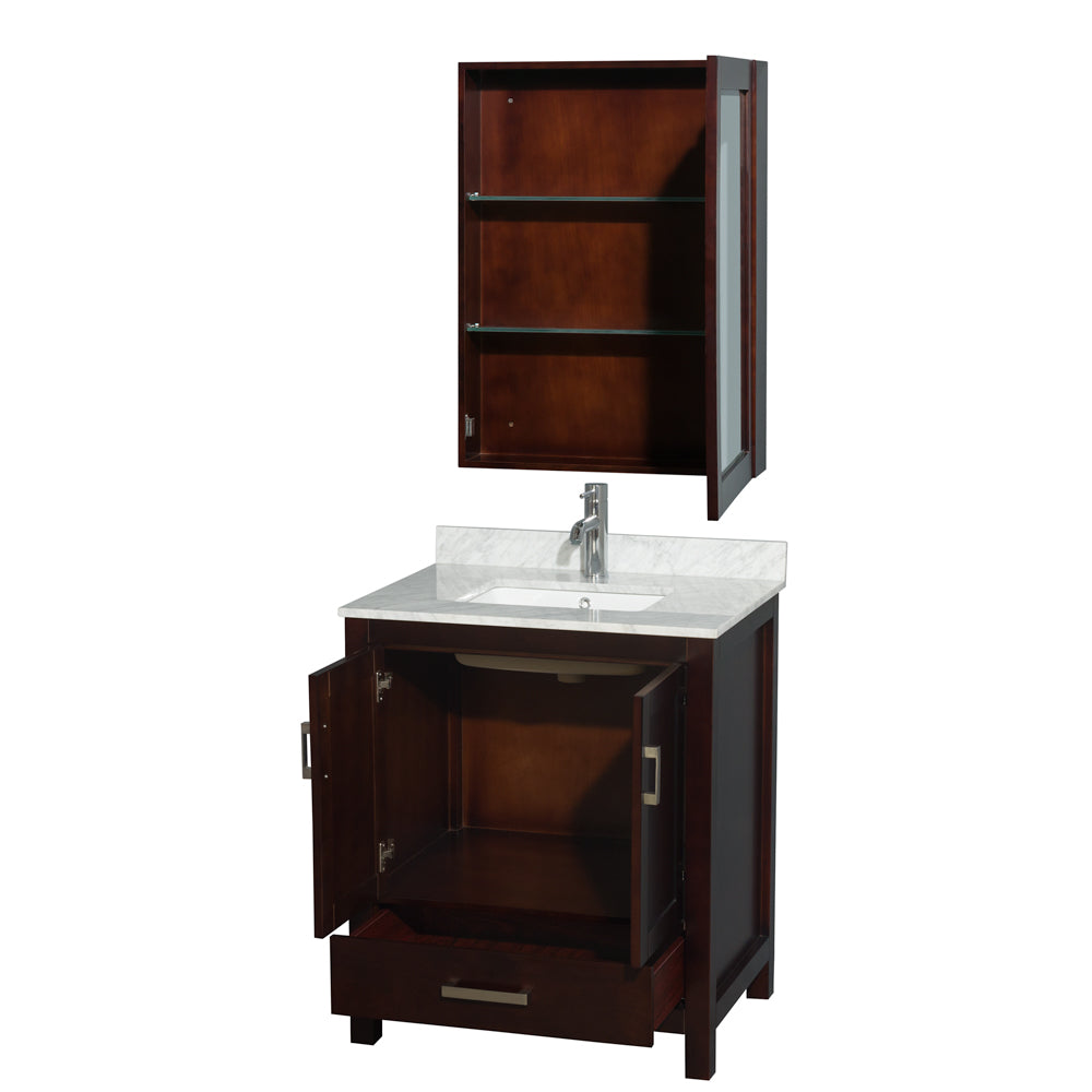 Sheffield 30" Single Vanity in Espresso, top, Square Sink, Medicine Cabinet