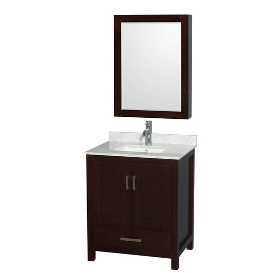 Sheffield 30 inch Single Bathroom Vanity in Espresso, White Carrara Marble Countertop, Undermount Square Sink, and Medicine Cabinet