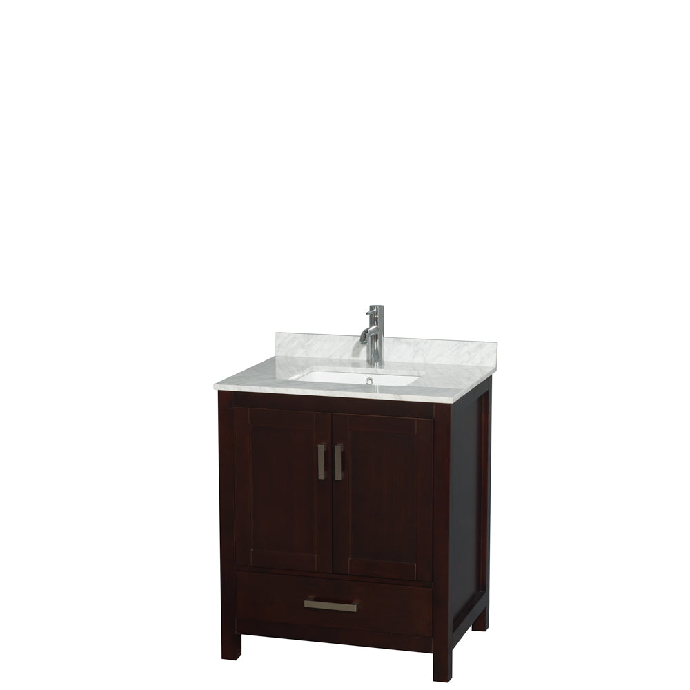 Sheffield 30 inch Single Bathroom Vanity in Espresso, White Carrara Marble Countertop, Undermount Square Sink, and No Mirror