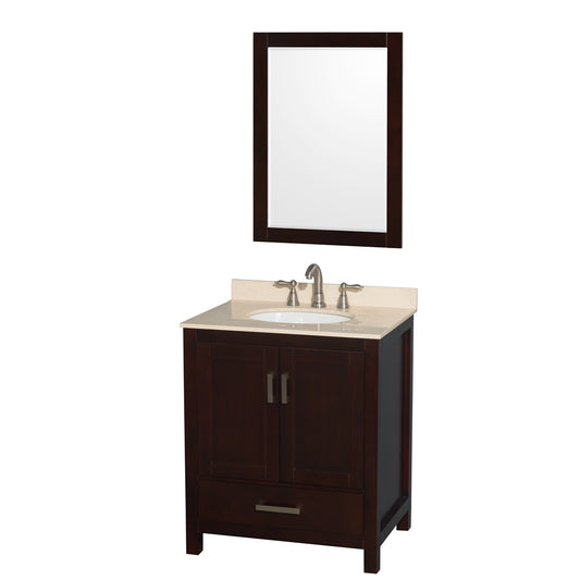 Sheffield 30 inch Single Bathroom Vanity in Espresso, Ivory Marble Countertop, Undermount Oval Sink, and 24 inch Mirror