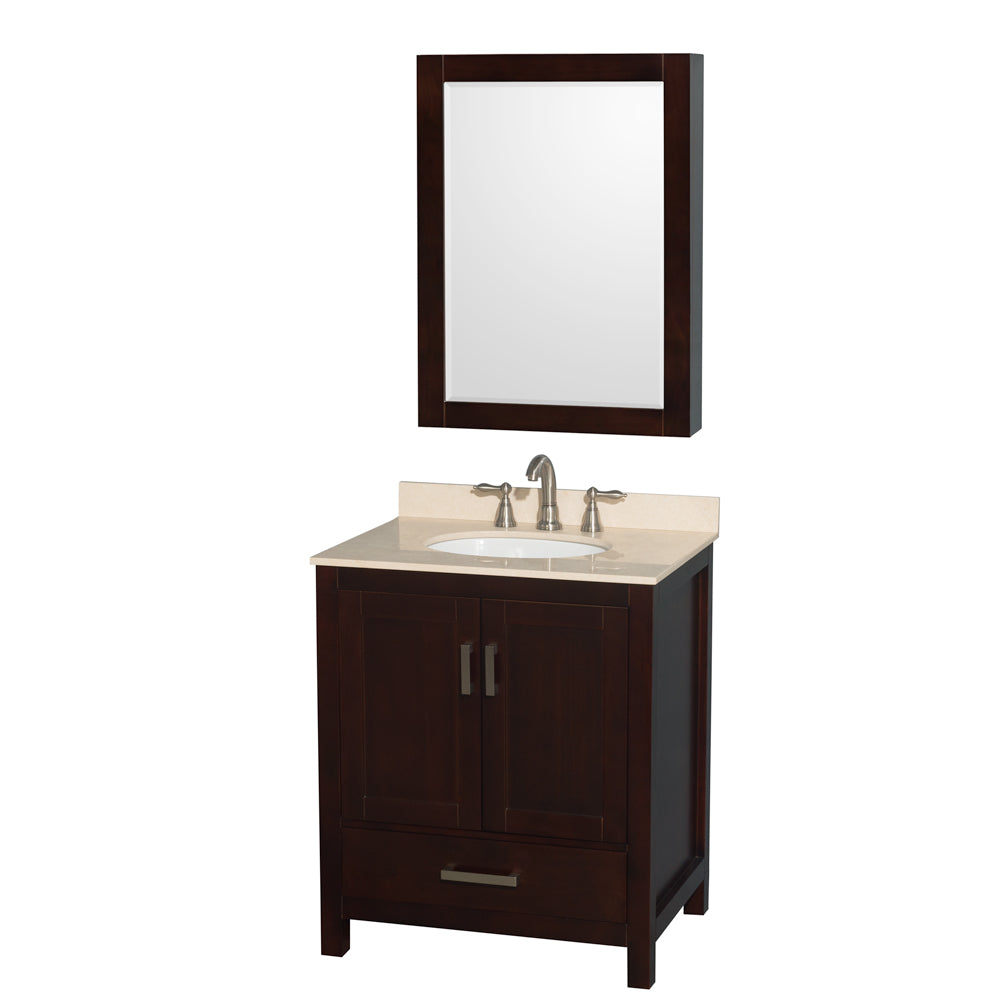 Sheffield 30 inch Single Bathroom Vanity in Espresso, Ivory Marble Countertop, Undermount Oval Sink, and Medicine Cabinet