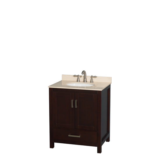 Sheffield 30 inch Single Bathroom Vanity in Espresso, Ivory Marble Countertop, Undermount Oval Sink, and No Mirror