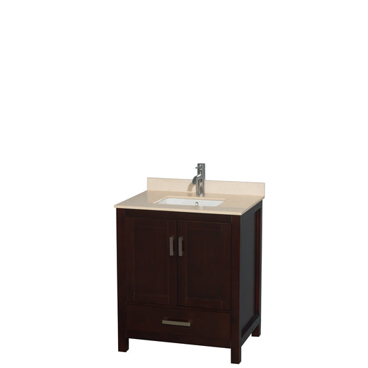 Sheffield 30 inch Single Bathroom Vanity in Espresso, Ivory Marble Countertop, Undermount Square Sink, and No Mirror